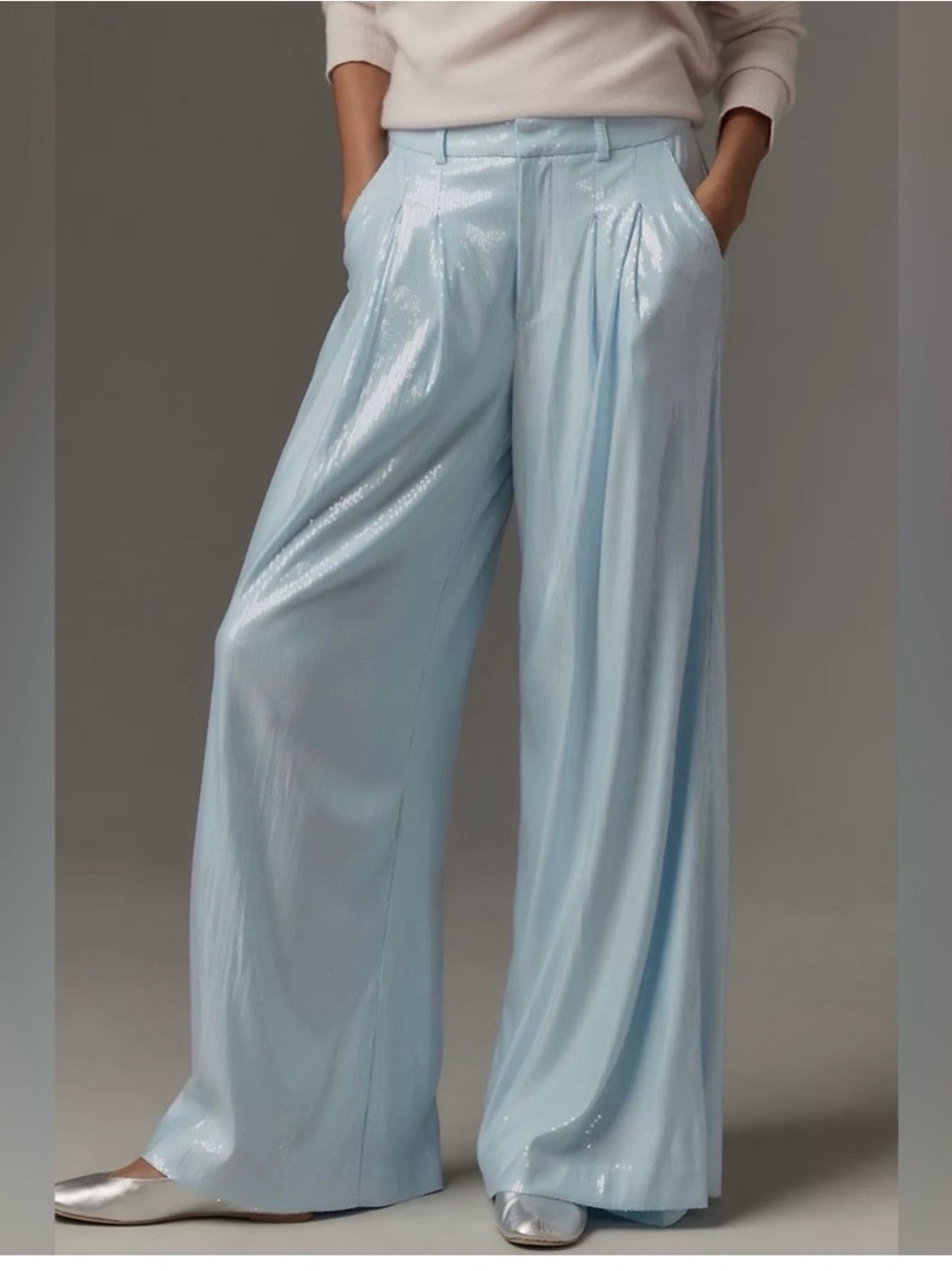 NWOT Anthropologie Avery Wide Leg Trousers Sequin Edition in pale blue. Size 4.